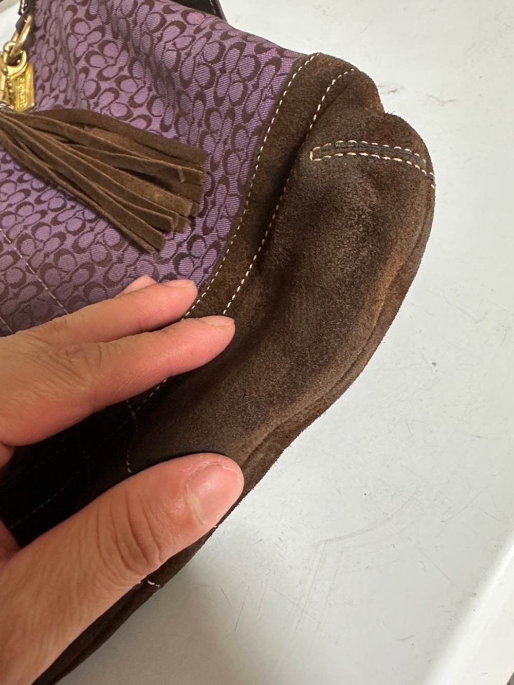 Coach Purple Signature Jacquard & Brown Suede Hobo with Tassel - Picture 6 of 13